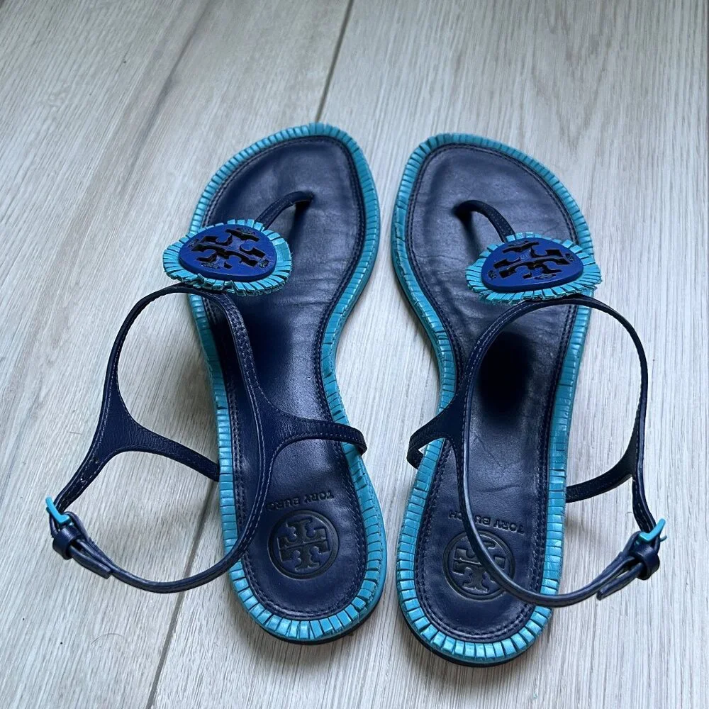 Tory Burch Navy and Turquoise Thora Sandals - Size 7